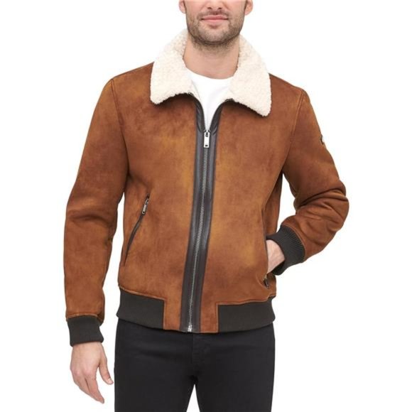 DKNY Men's Shearling Bomber Jacket with Faux Fur Collar